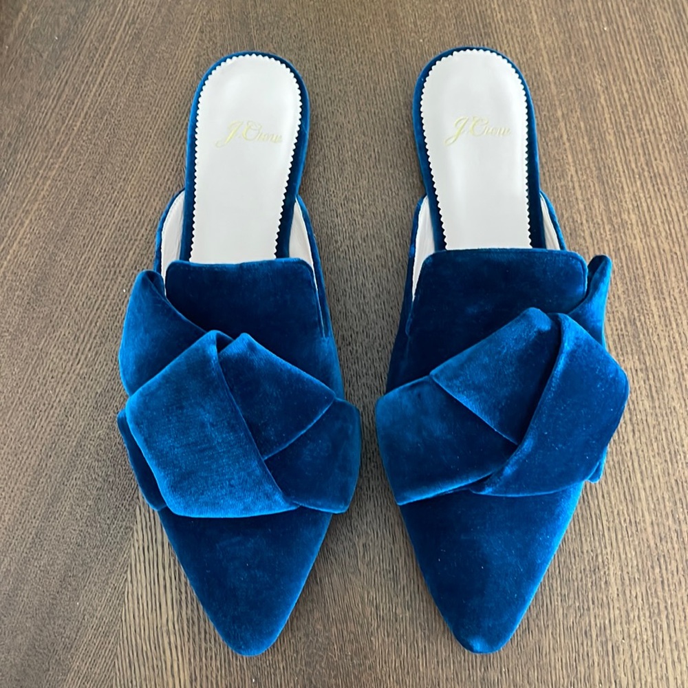 J. Crew Blue Velvet Pointed Toe Bow Mules
